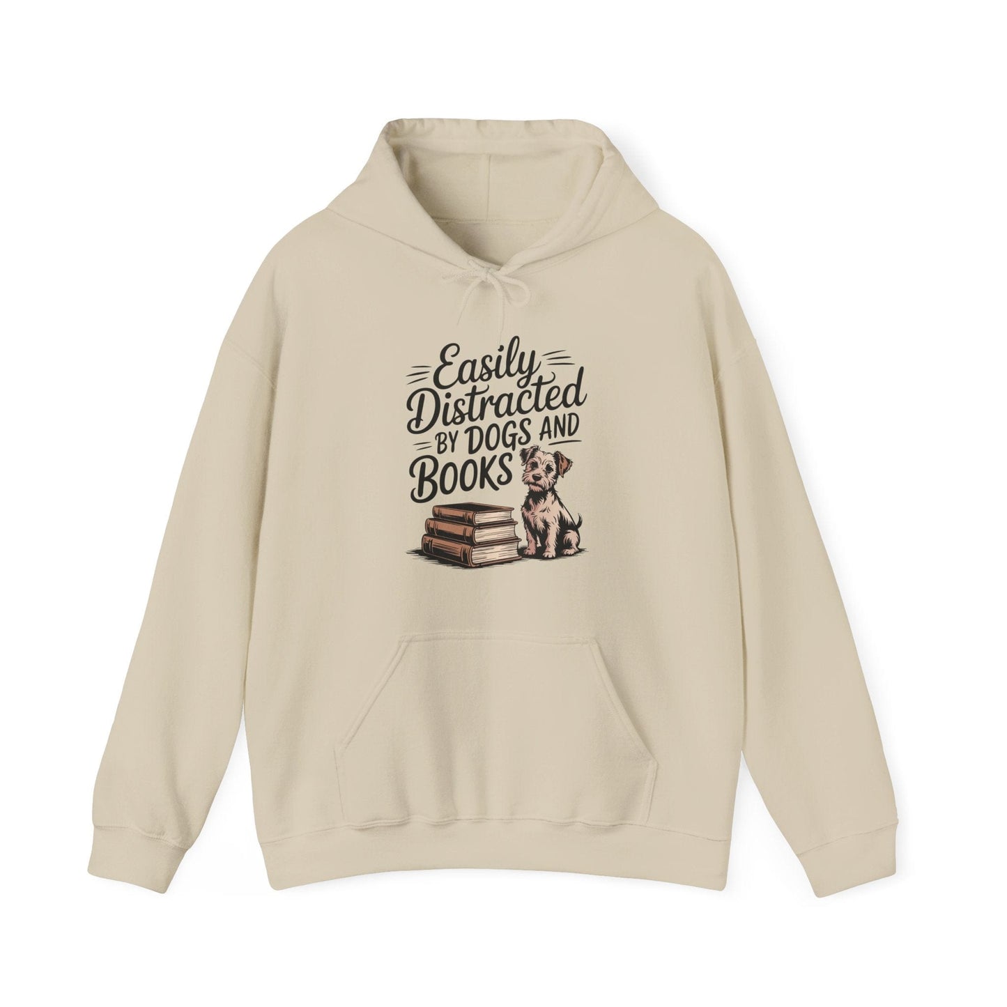 Beige hoodie with text 'Easily Distracted by Dogs and Books' and a dog illustration on a white background