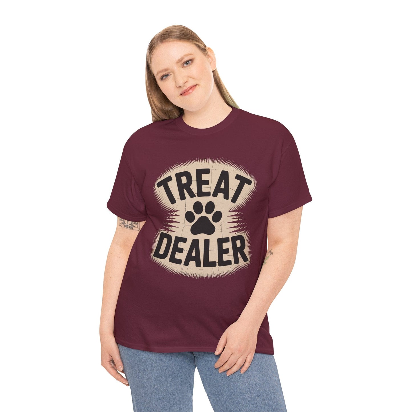 Person wearing a maroon t-shirt with 'Treat Dealer' print on a white background