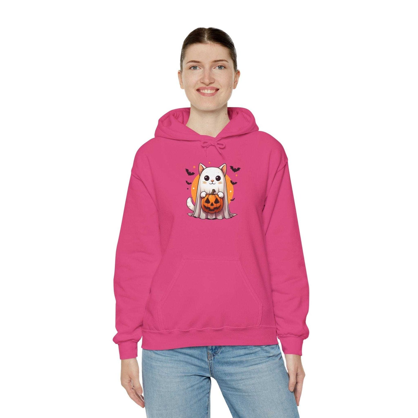 Person wearing a pink hoodie with a Halloween-themed design on a white background