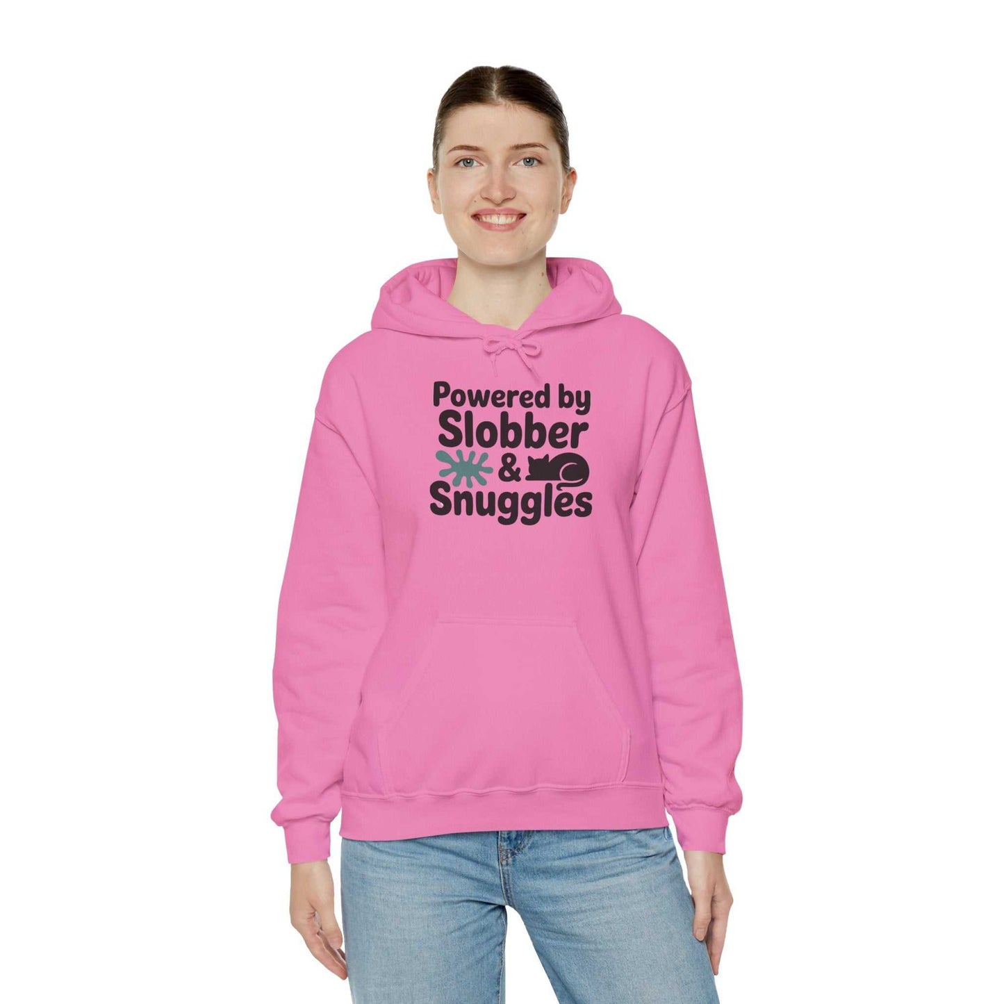 Person wearing a pink hoodie with text and graphics on a white background