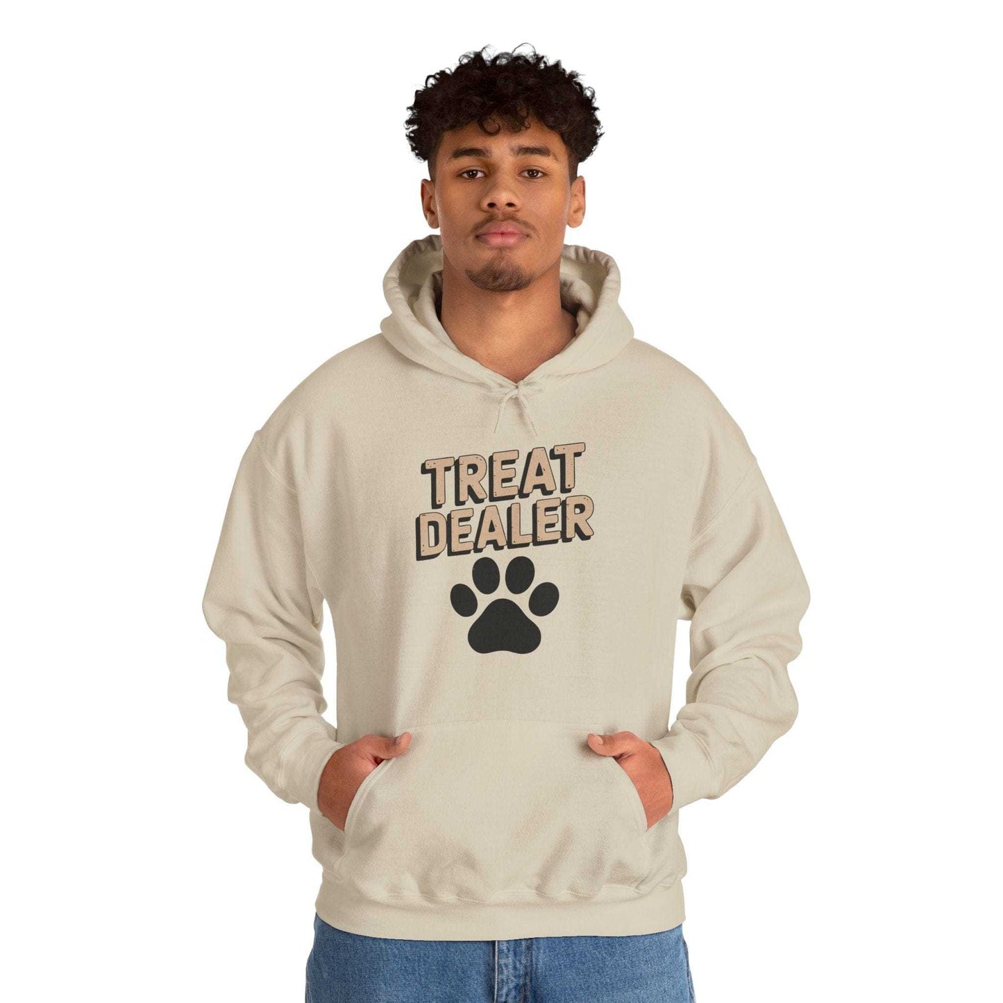 Person wearing a beige hoodie with 'Treat Dealer' and a paw print design on a white background