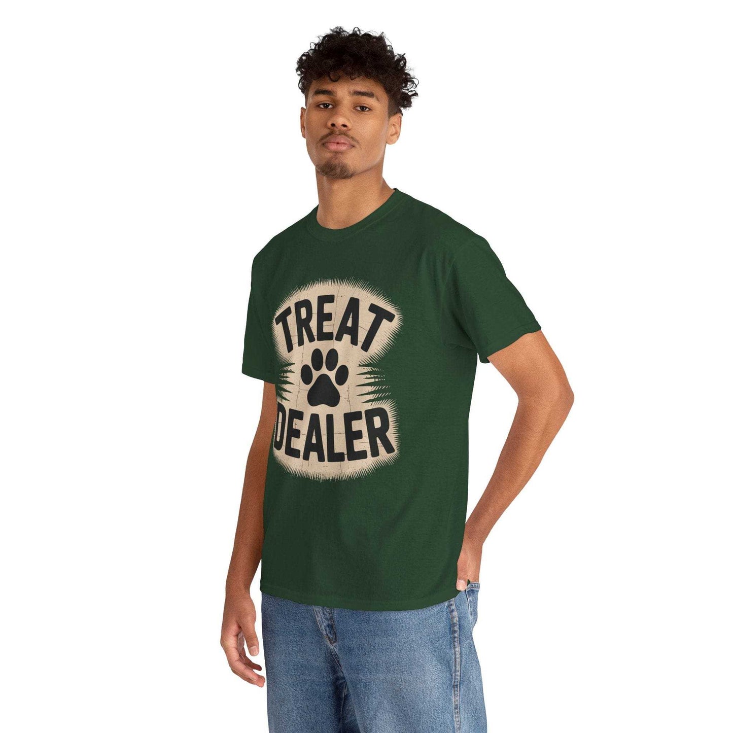 Person wearing a green t-shirt with 'Treat Dealer' print on a white background