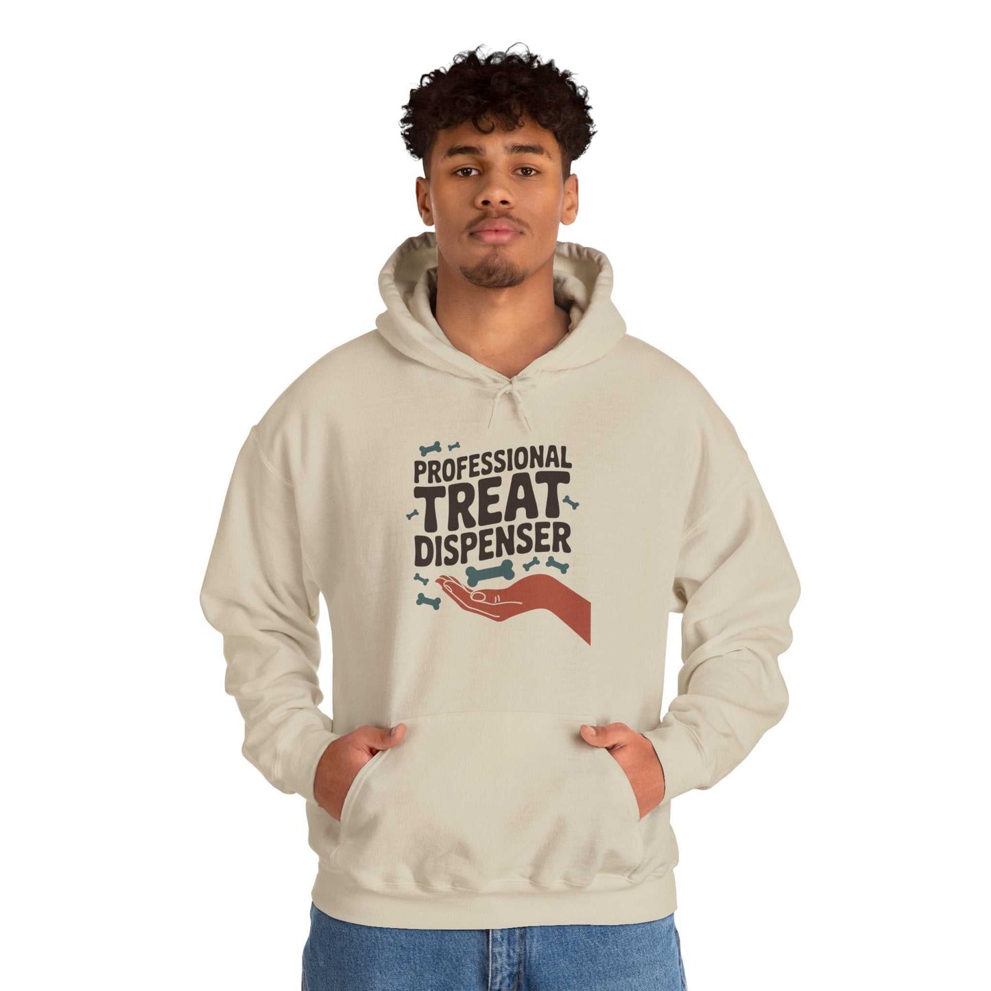 Person wearing a beige hoodie with 'Professional Treat Dispenser' text and graphic on a white background