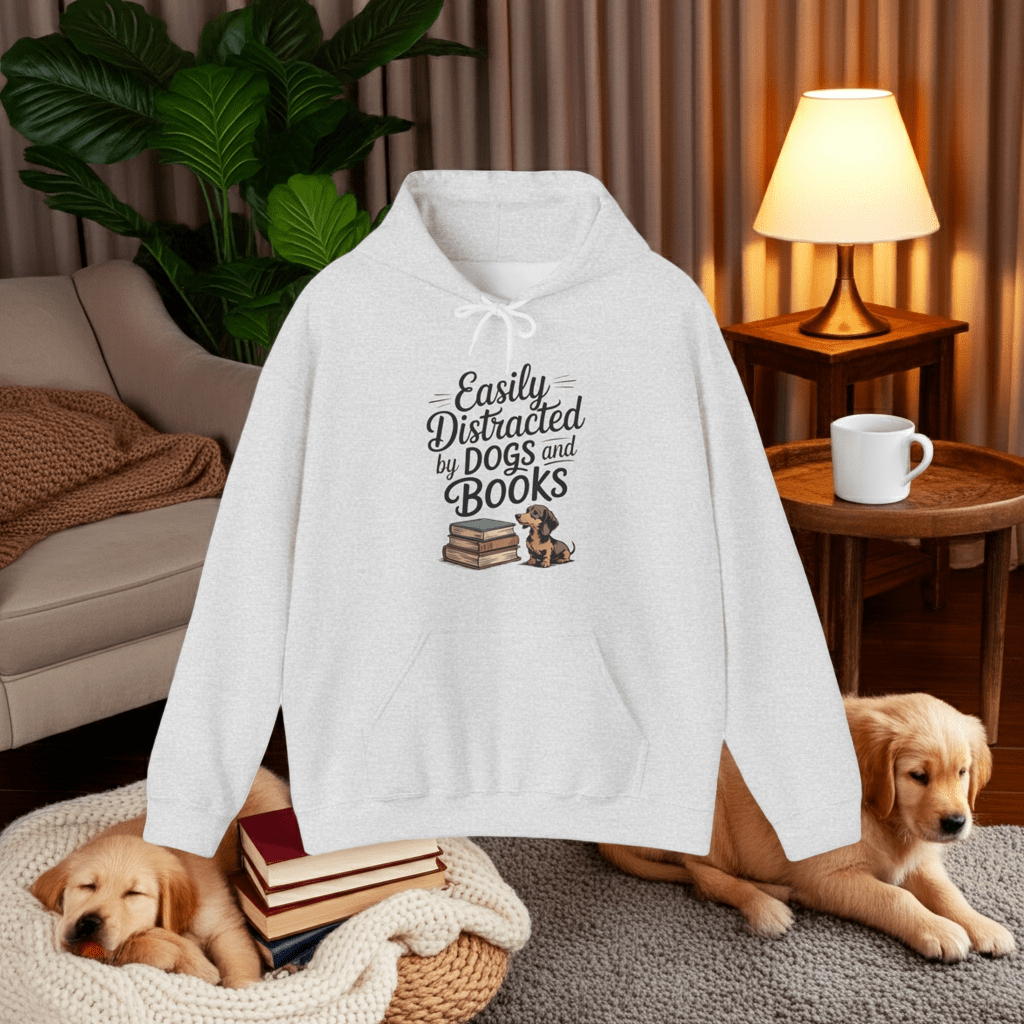 White hoodie with text and dog illustrations in a cozy living room setting.