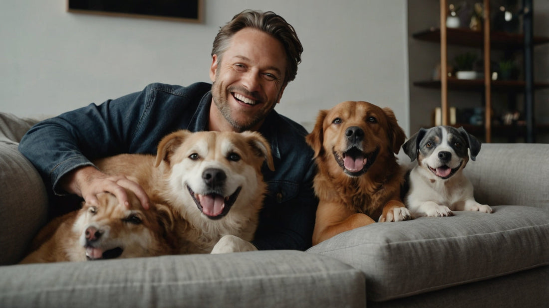 Happy man with three dogs | Funny dog person content from Wag & Wear blog