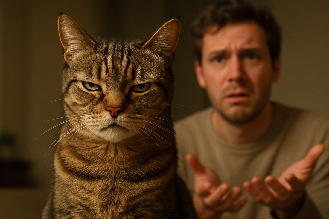 Funny cat staring sarcastically at its owner | Wag & Wear cat behavior blog post