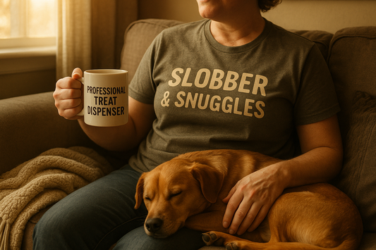 "Woman wearing 'Slobber & Snuggles' t-shirt with dog, holding a mug that says 'Professional Treat Dispenser'. Cozy home scene, pet sleeping nearby. Realistic photo style." 