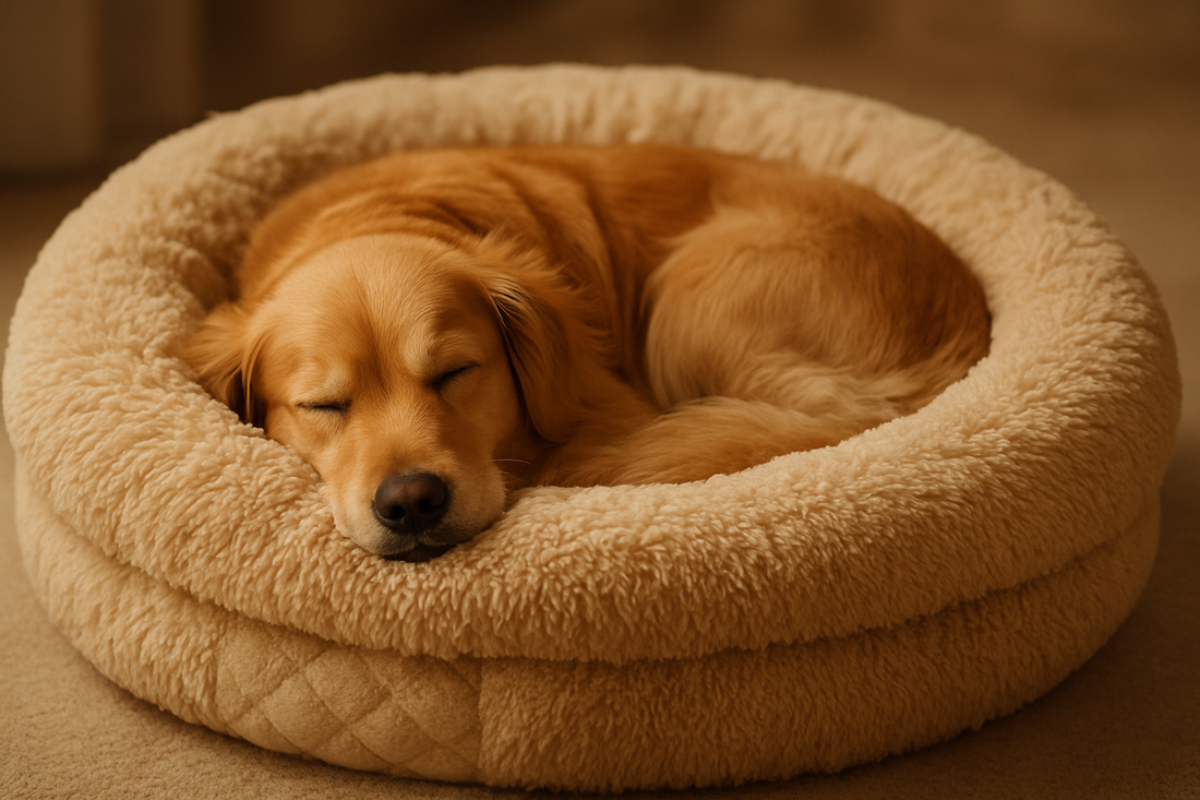 a dog sleeping in a donut shape dog bed