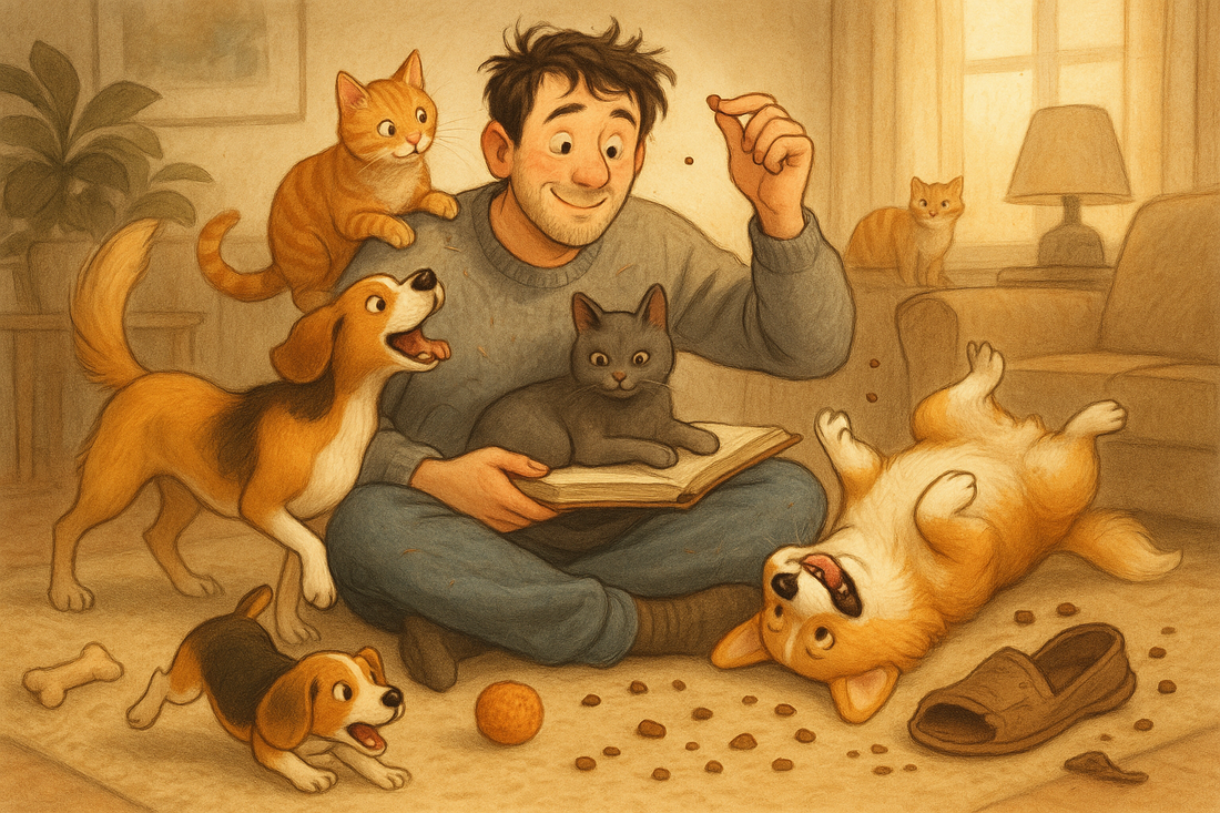 a man sitting on the floor surrounded by dogs and cats