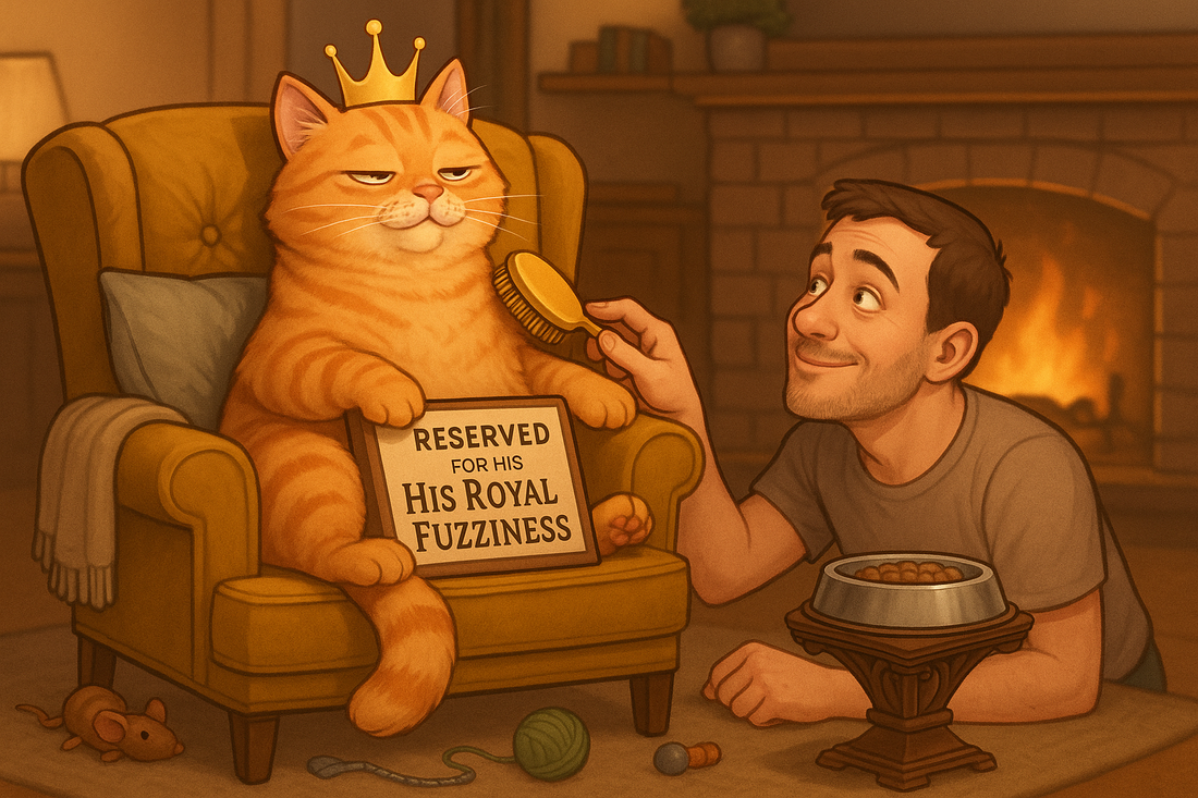 Funny image of a pet cat acting like the boss in a human's lap | Wag & Wear pet owner blog post