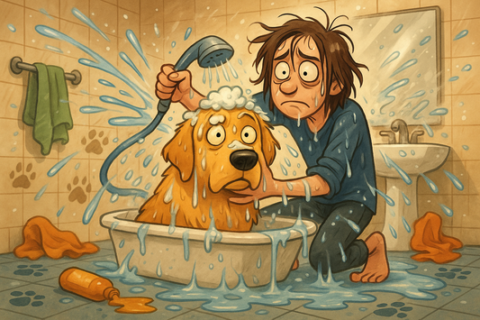 Funny, chaotic scene of a wet pet (dog or cat) during bath time, splashing water everywhere, with a slightly disheveled but loving pet parent looking on. Illustrates the humorous reality of pet grooming.