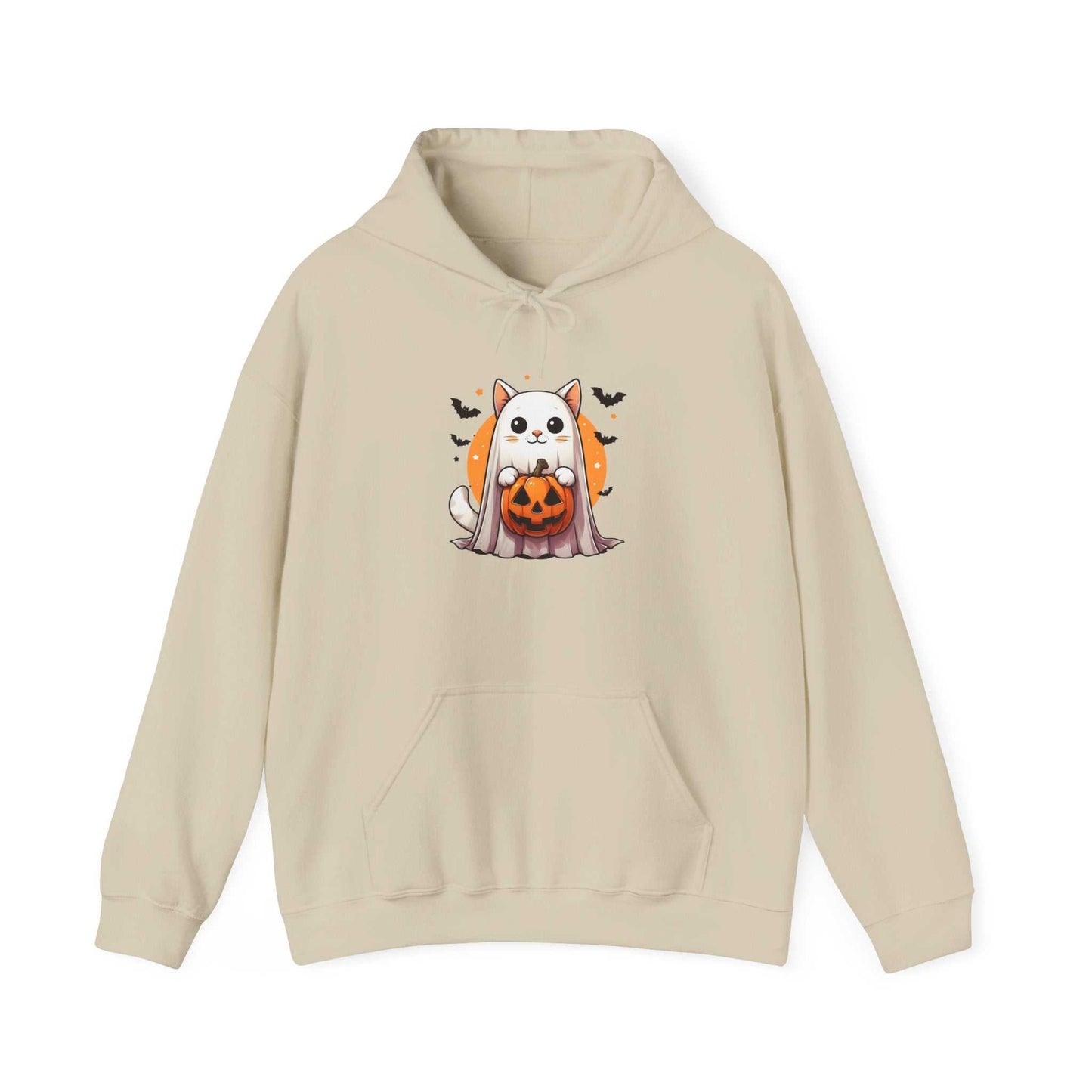 Beige hoodie with a Halloween-themed cat and pumpkin design on a white background