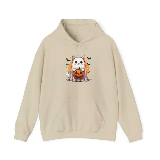 Beige hoodie with a Halloween-themed cat and pumpkin design on a white background