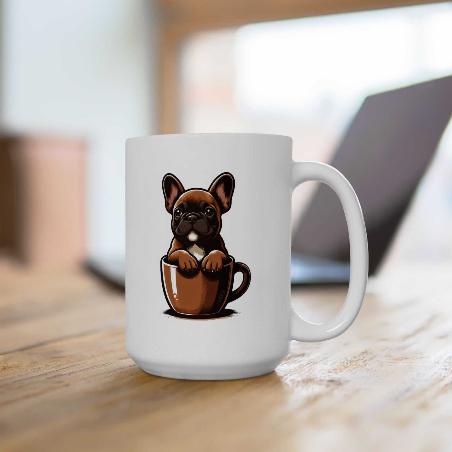White mug with a cartoon dog design holding a coffee cup on a wooden surface.