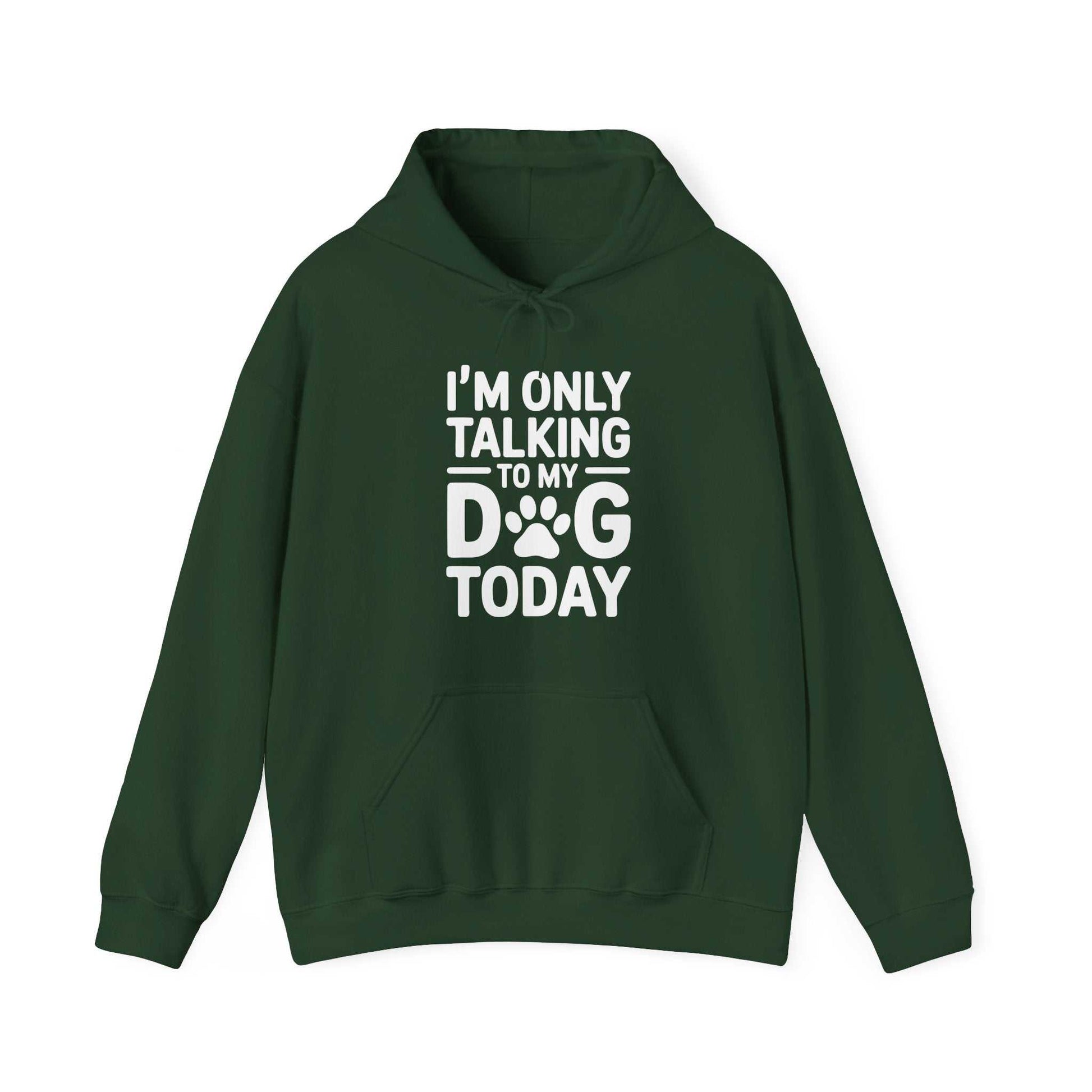 Green hoodie with text 'I'm only talking to my dog today' on a white background