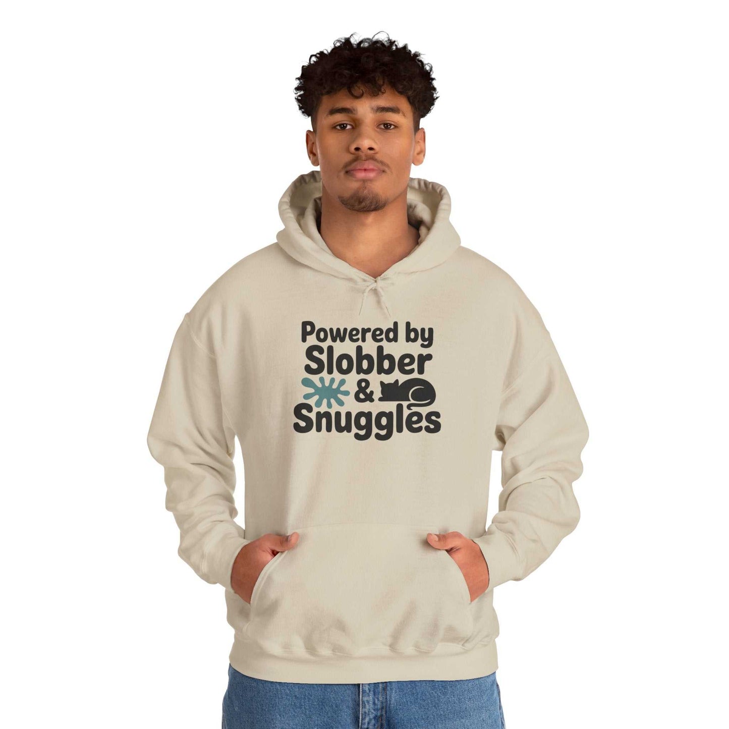 Person wearing a beige hoodie with text 'Powered by Slobber & Snuggles' on a white background