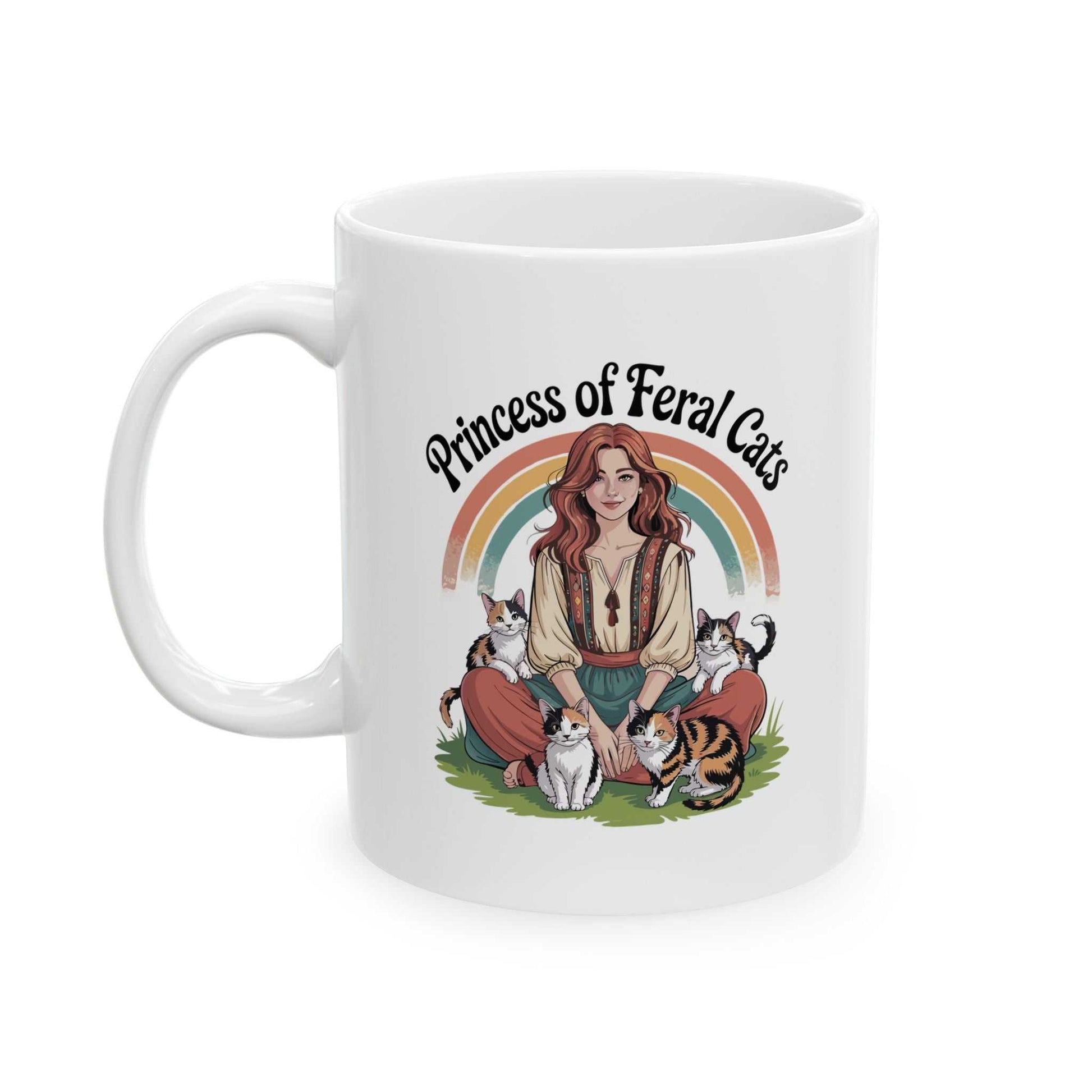 Mug with 'Princess of Feral Cats' design featuring a woman and cats on a white background