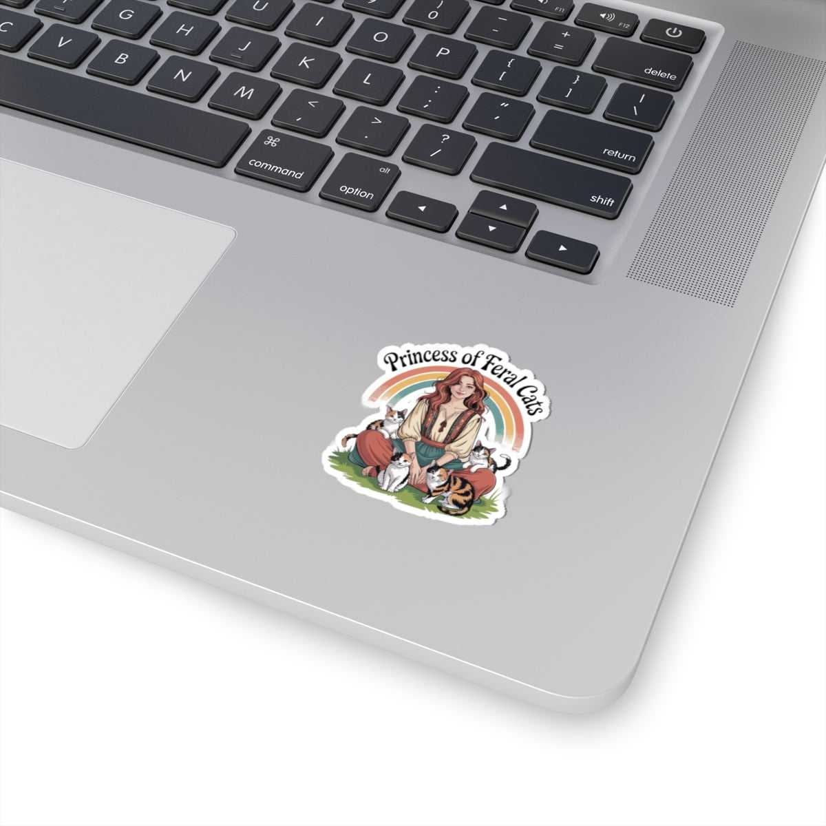 Laptop with a 'Princess of Feral Cats' sticker on the palm rest area