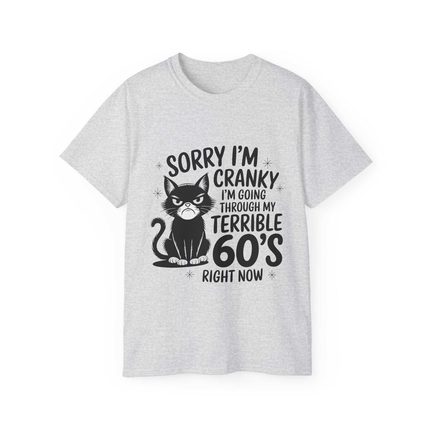 Gray t-shirt with a black cat graphic and text on a white background