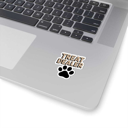 Laptop with a 'Treat Dealer' sticker featuring a paw print on the palm rest area.