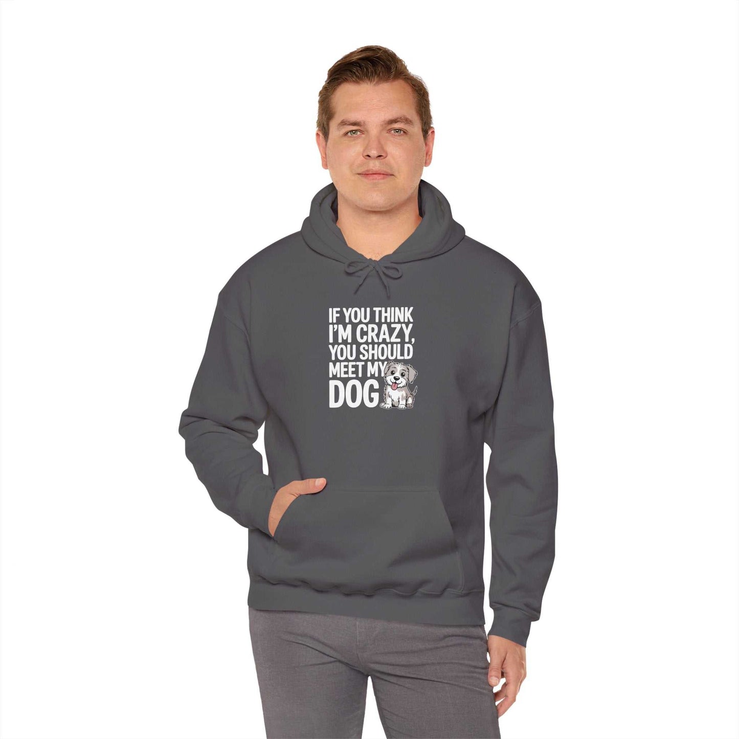 Man wearing a gray hoodie with text and a dog graphic on a white background