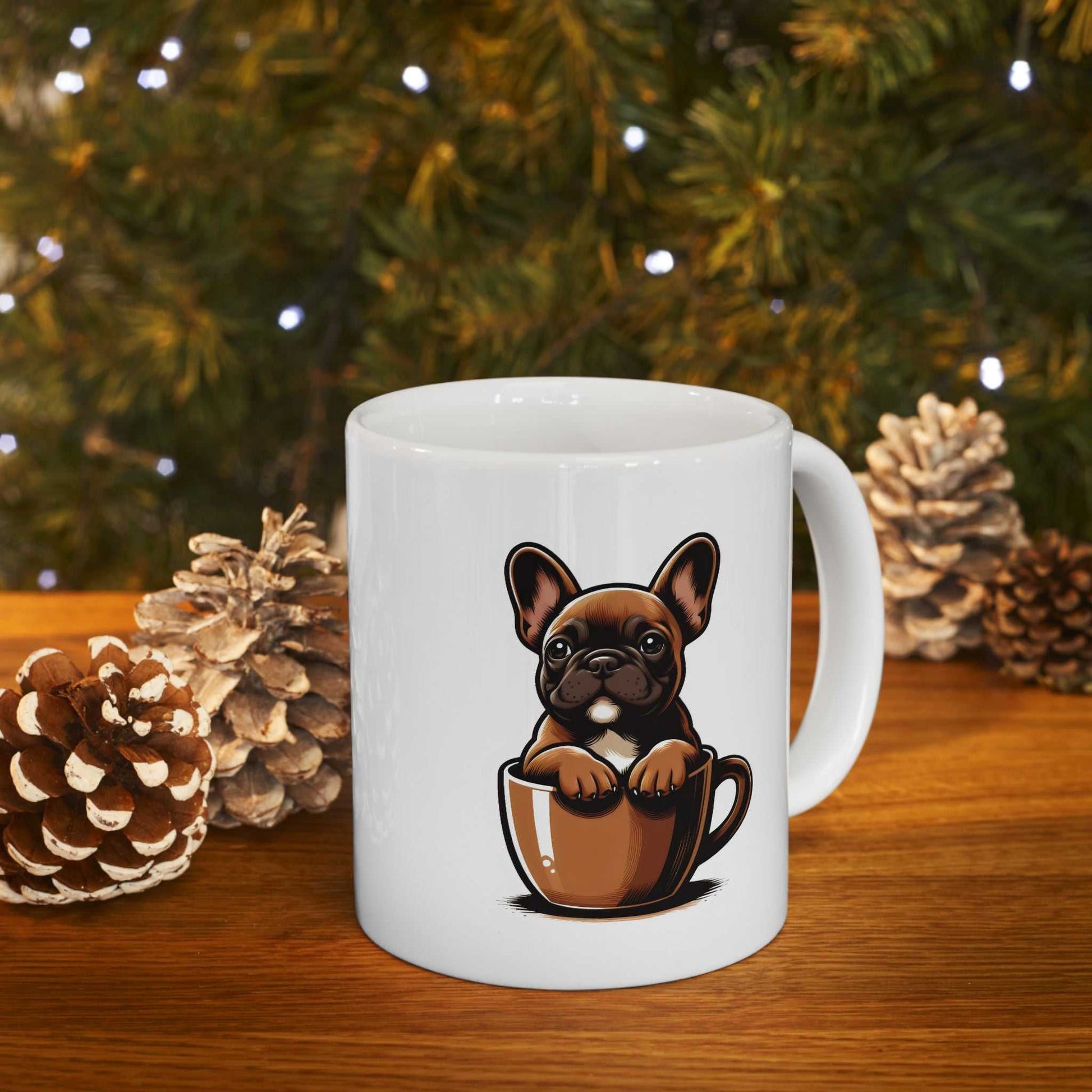 White mug with a dog design holding a cup, placed on a wooden surface with pinecones and a Christmas tree in the background.