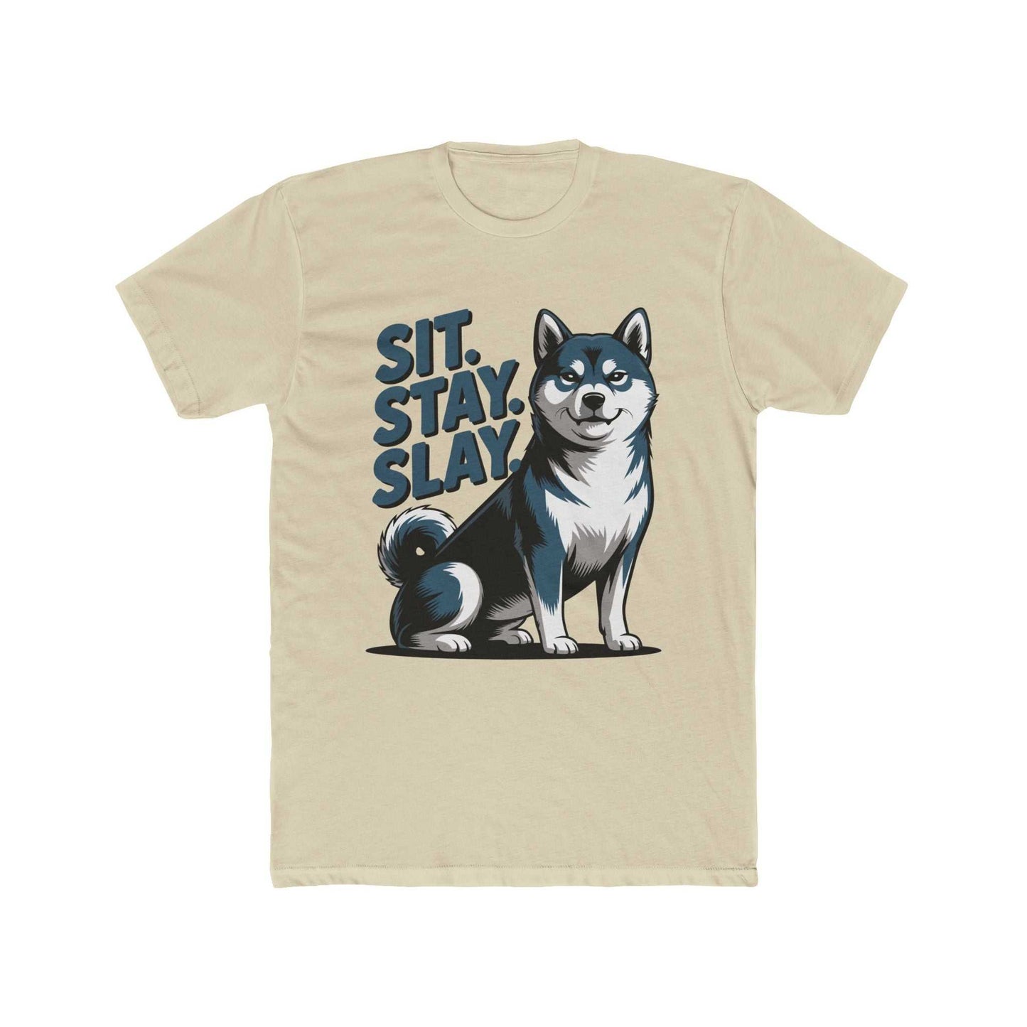 Beige t-shirt with a graphic of a dog and text 'Sit. Stay. Slay' on a white background