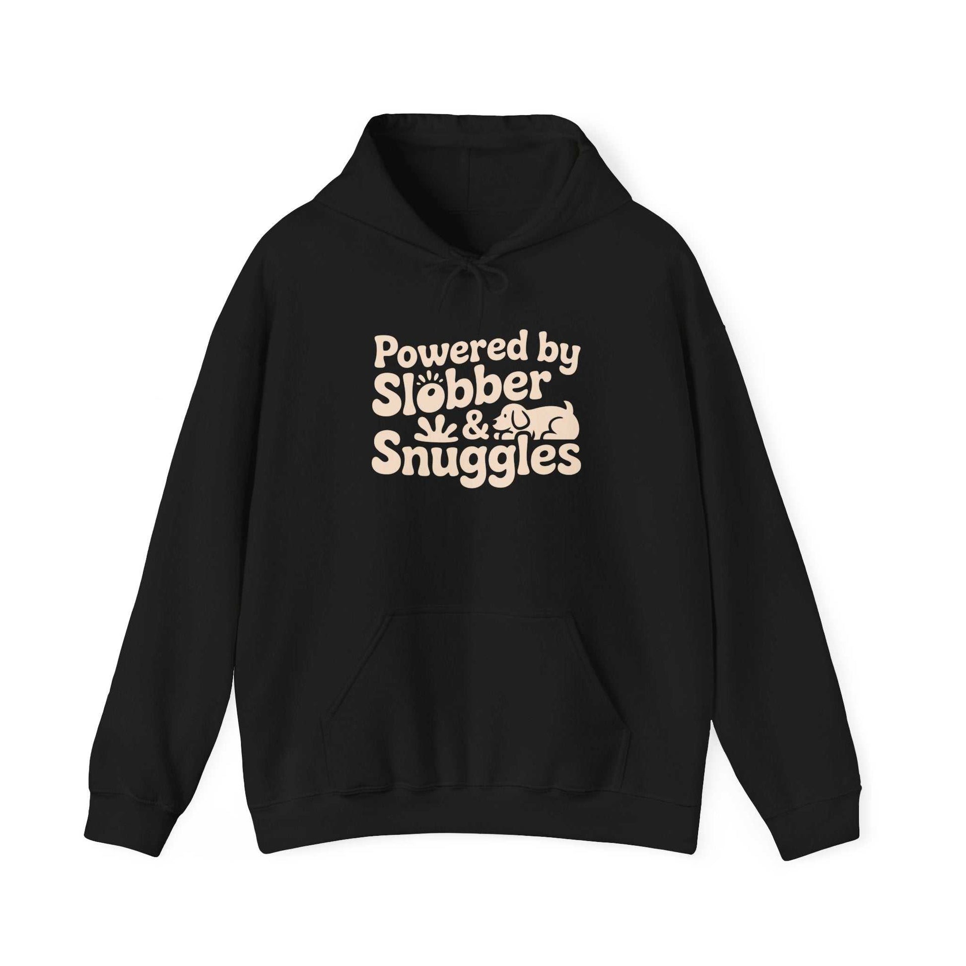 Black hoodie with 'Powered by Släbber & Snuggles' text on a white background
