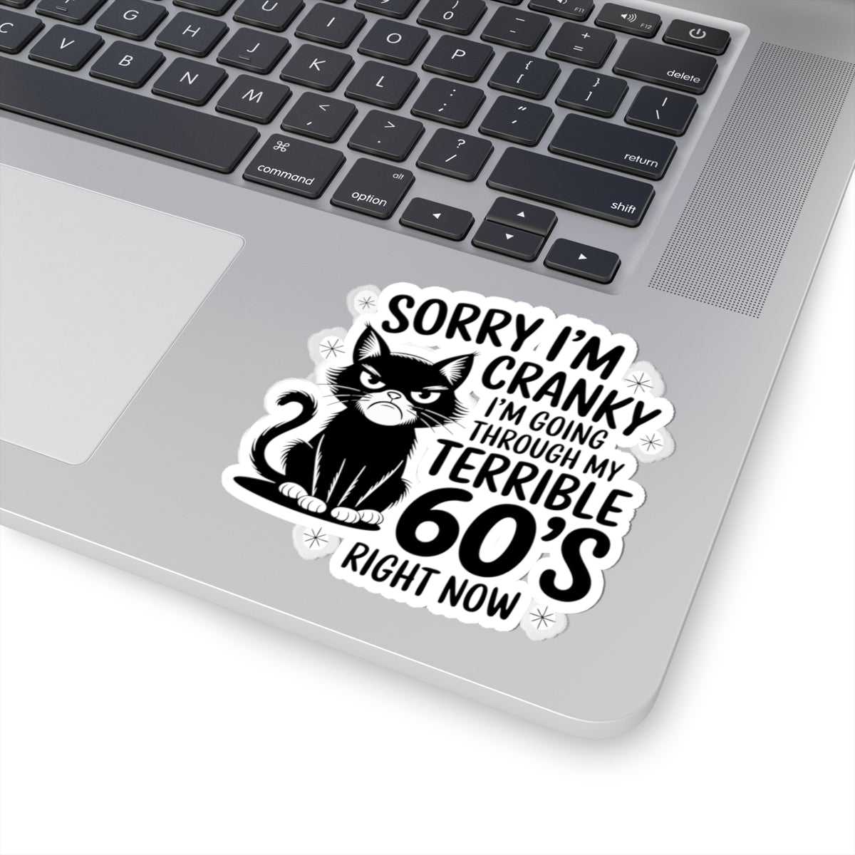 Laptop with a sticker featuring a cat and text on the palm rest area.