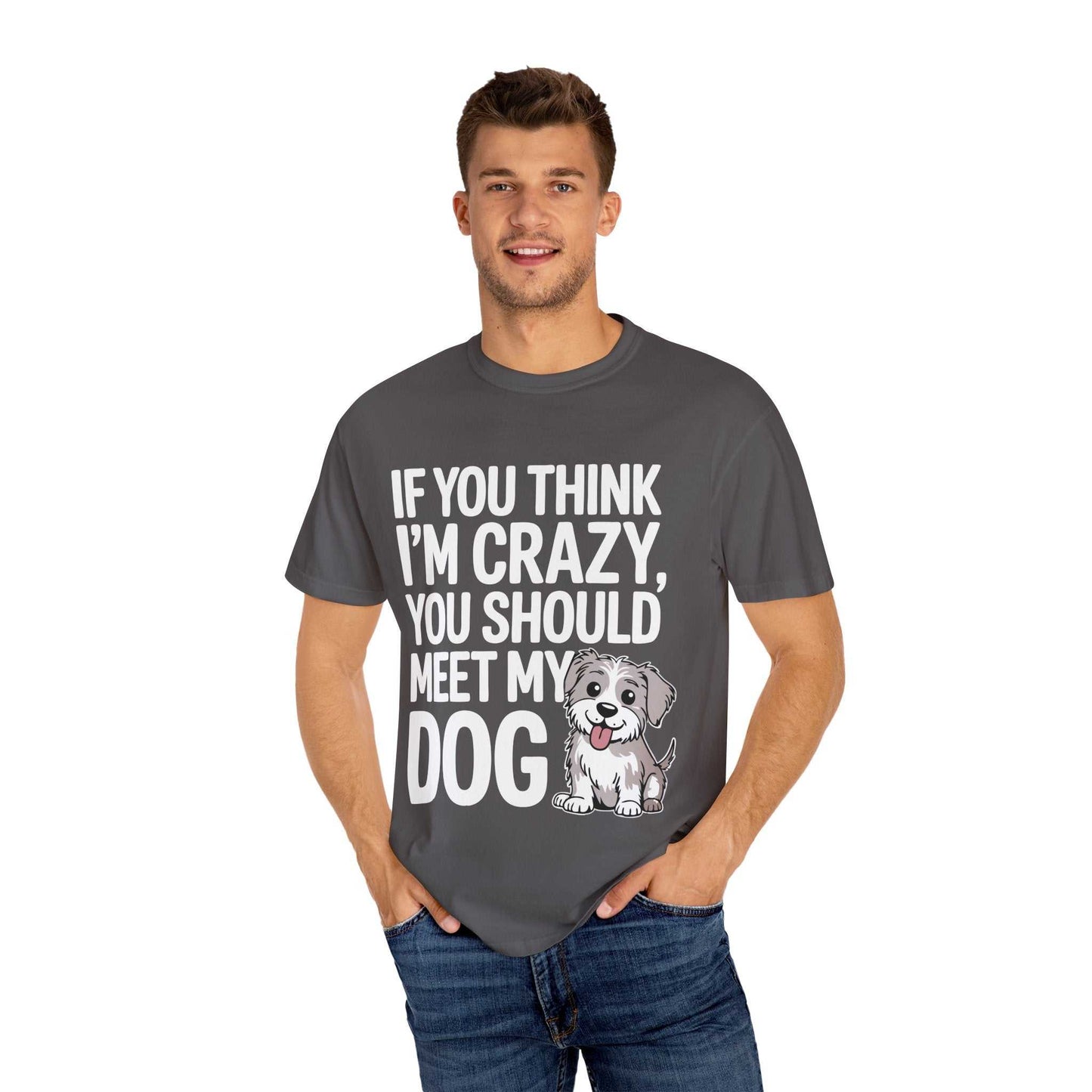 Man wearing a gray t-shirt with a dog graphic and text on a white background