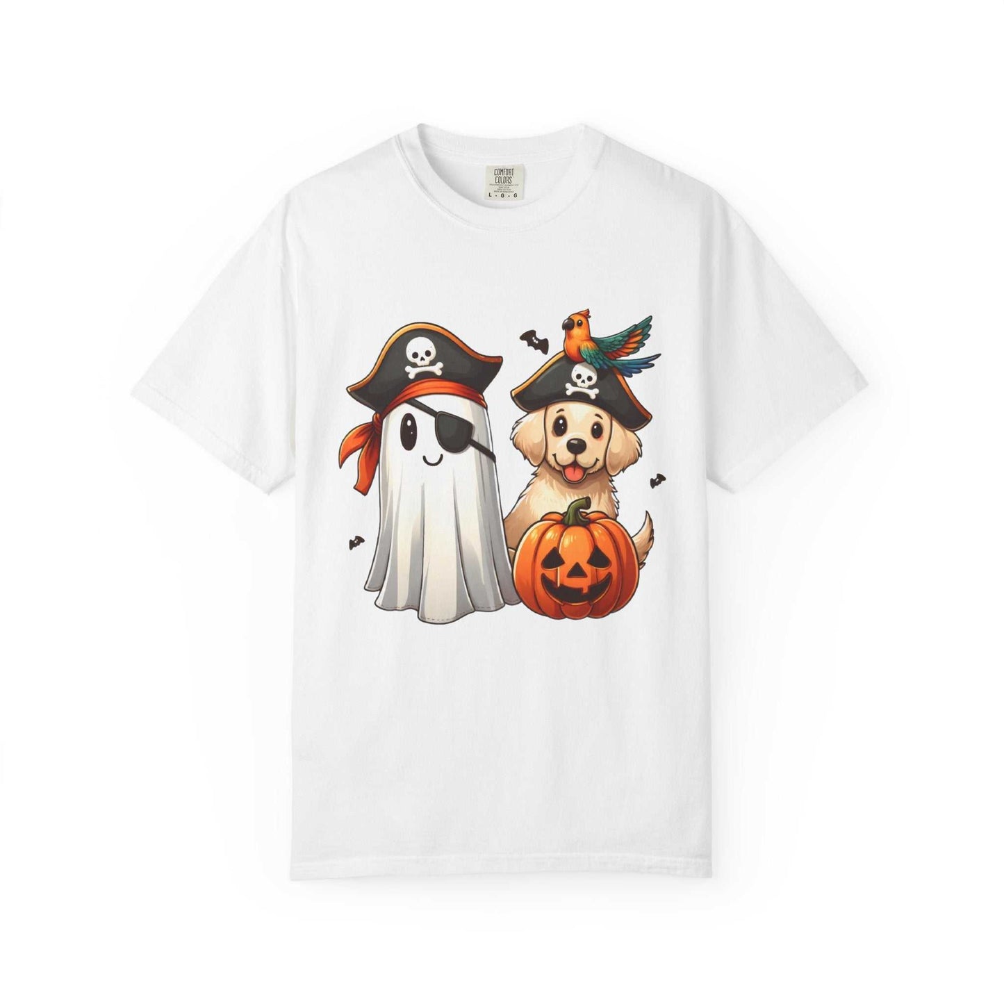 White t-shirt with Halloween-themed design featuring a ghost, pirate, and pumpkin on a white background