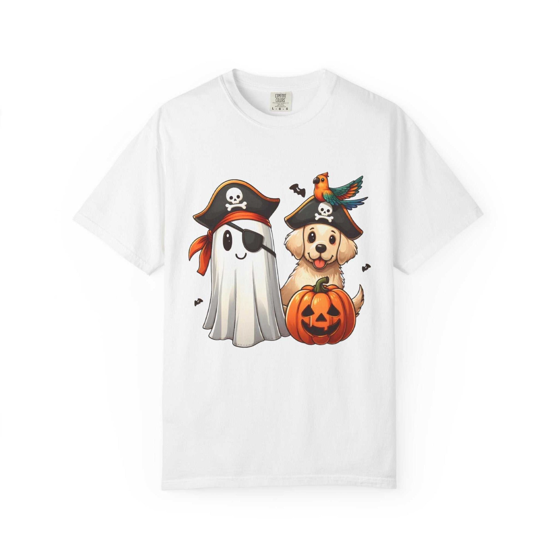 White t-shirt with Halloween-themed design featuring a ghost, pirate, and pumpkin on a white background