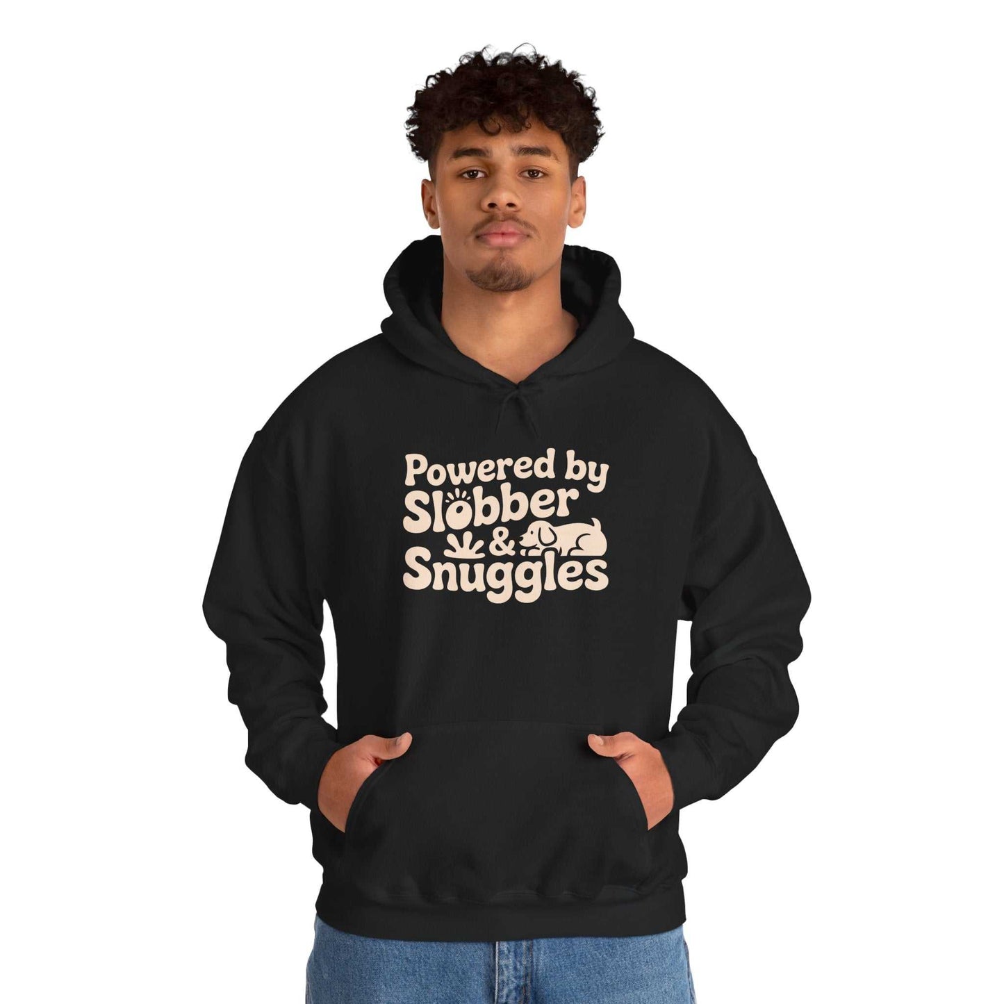 Person wearing a black hoodie with text 'Powered by Slobber & Snuggles' on a white background