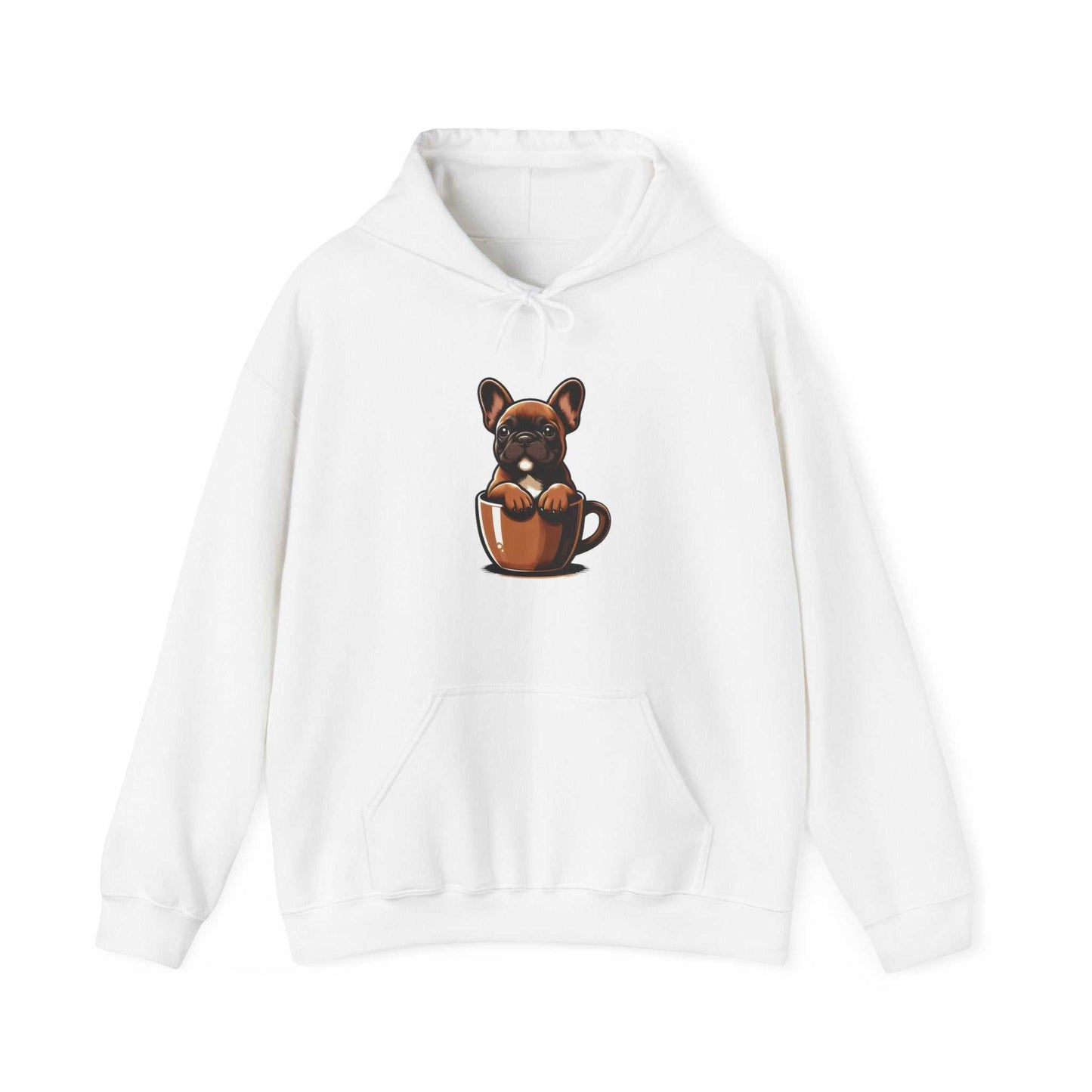 White hoodie with a dog design on a white background