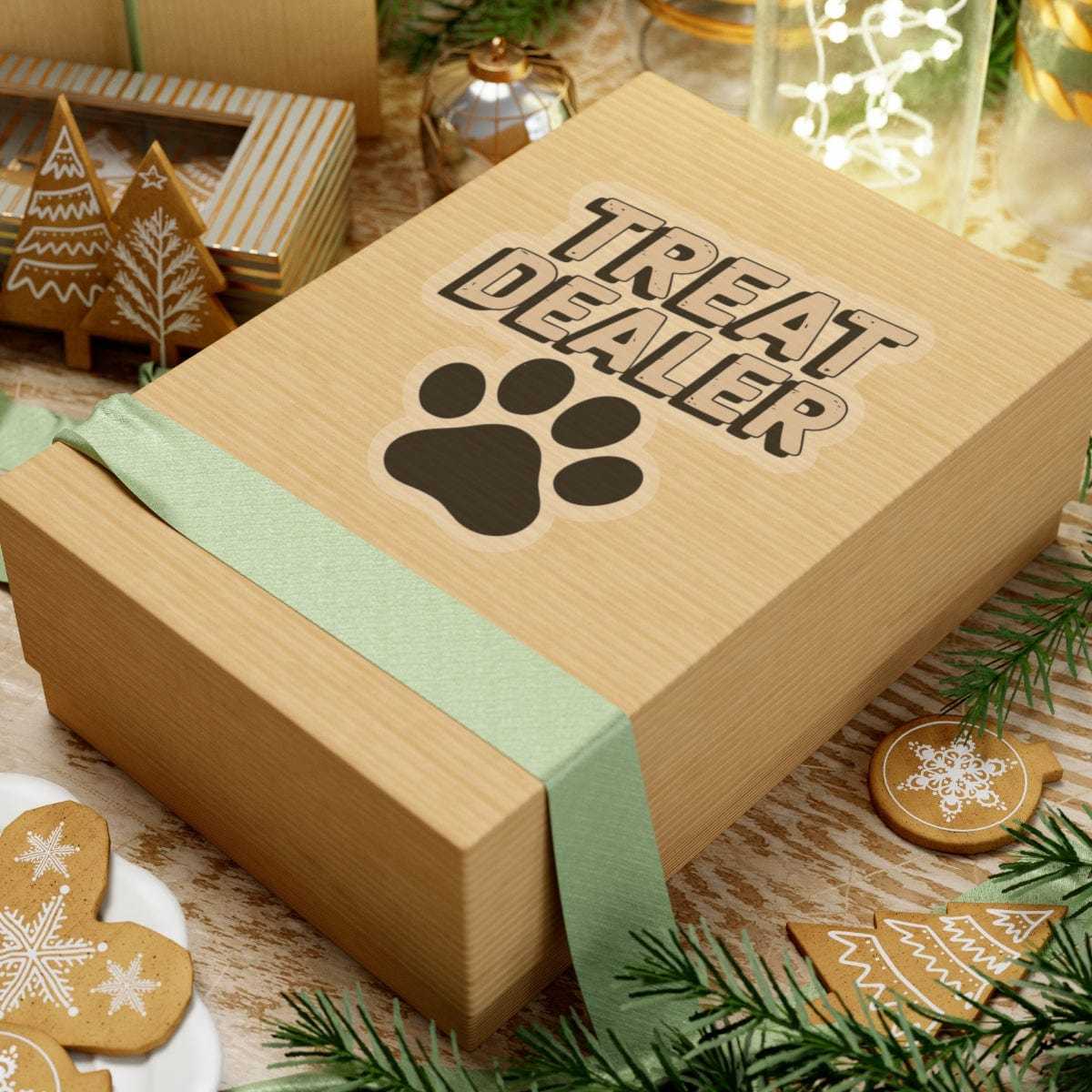 Wooden box with 'Treat Dealer' and paw print design, surrounded by festive decorations.