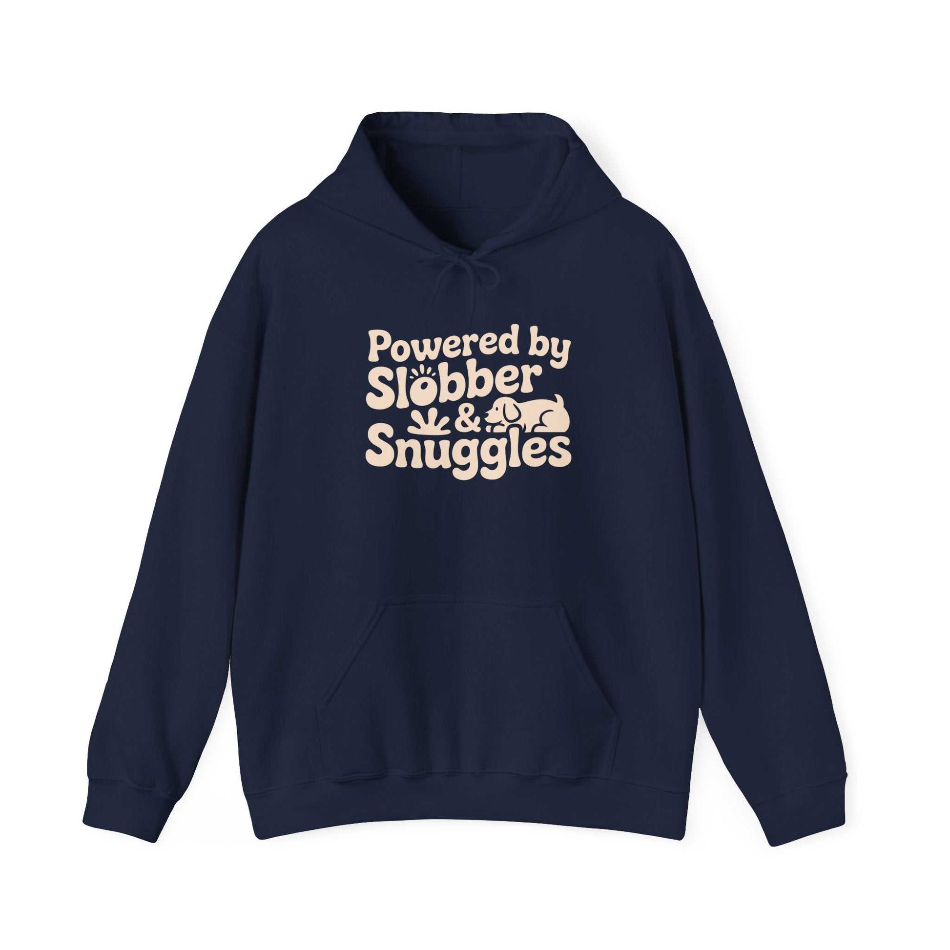 Navy blue hoodie with 'Powered by Sllobber & Snuggles' text on a white background