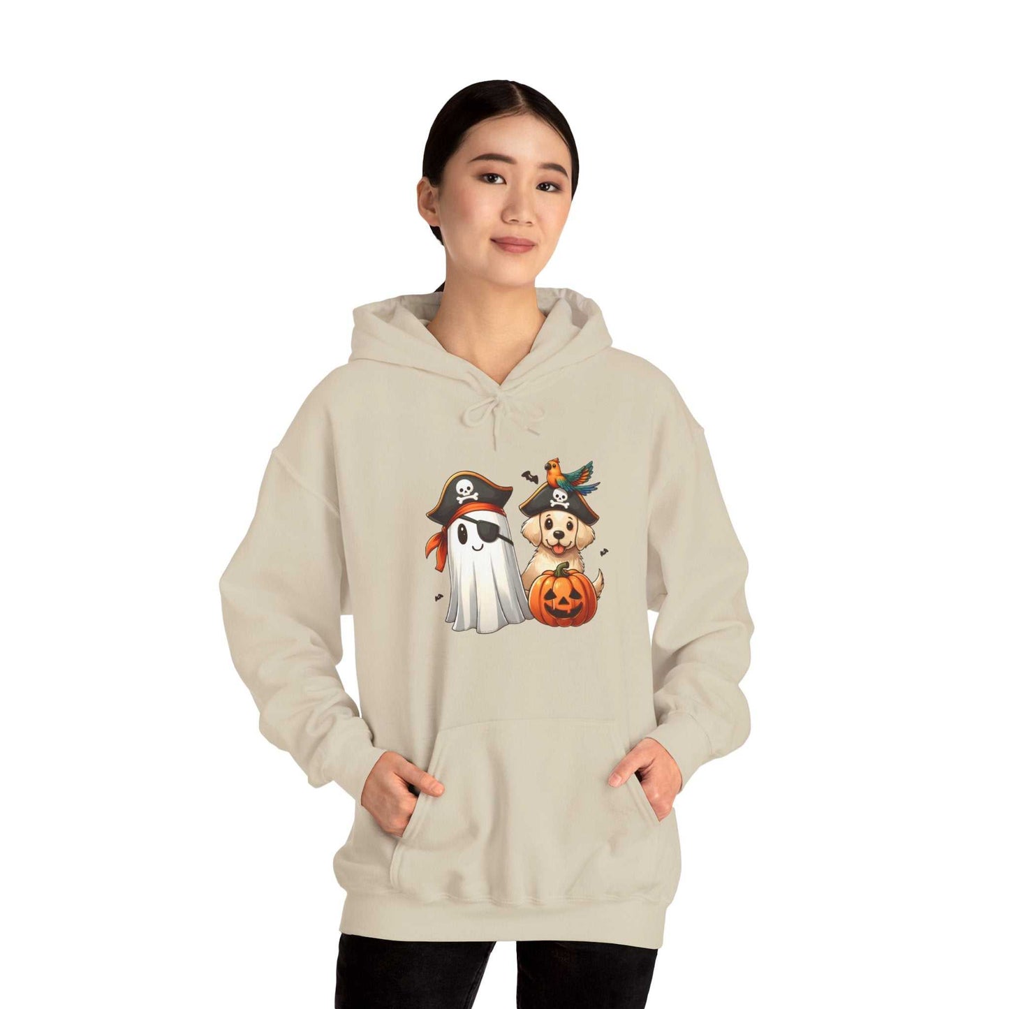 Person wearing a beige hoodie with Halloween-themed design on a white background