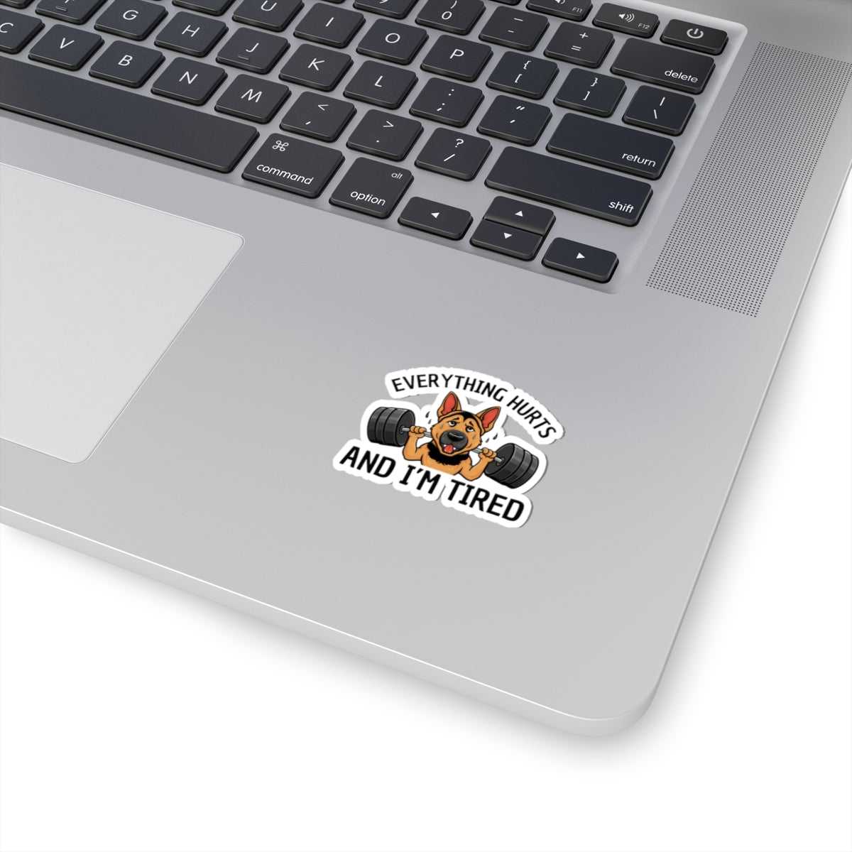Laptop with a sticker on the palm rest area featuring a dog and text 'Everything hurts and I'm tired'.