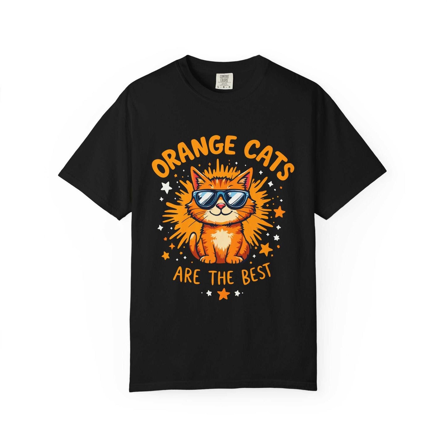 Black t-shirt with orange cat graphic and text 'Orange cats are the best' on a white background