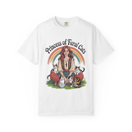 Princess of Feral Cats" T-shirt on model | Funny cat lover apparel by Wag & Wear