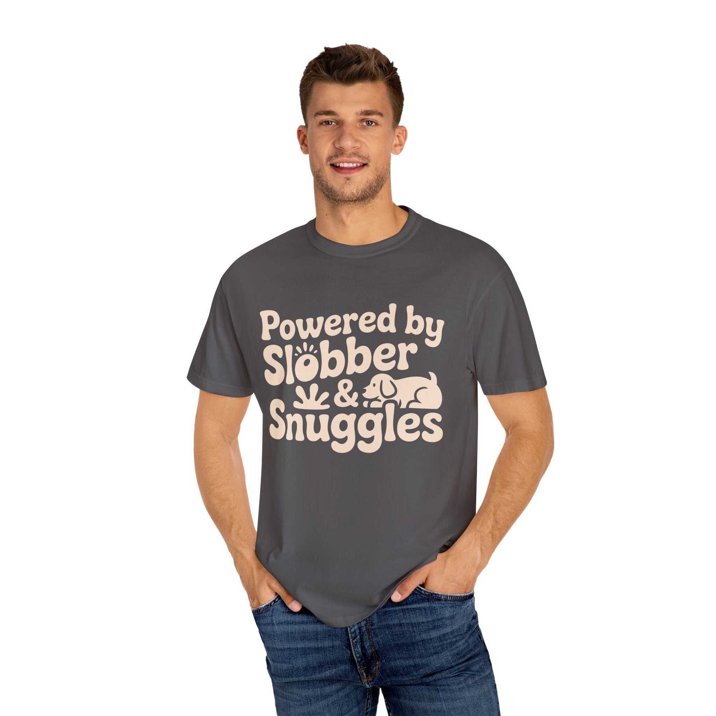 Gray t-shirt with "Powered by Slobber & Snuggles" graphic | Wag & Wear