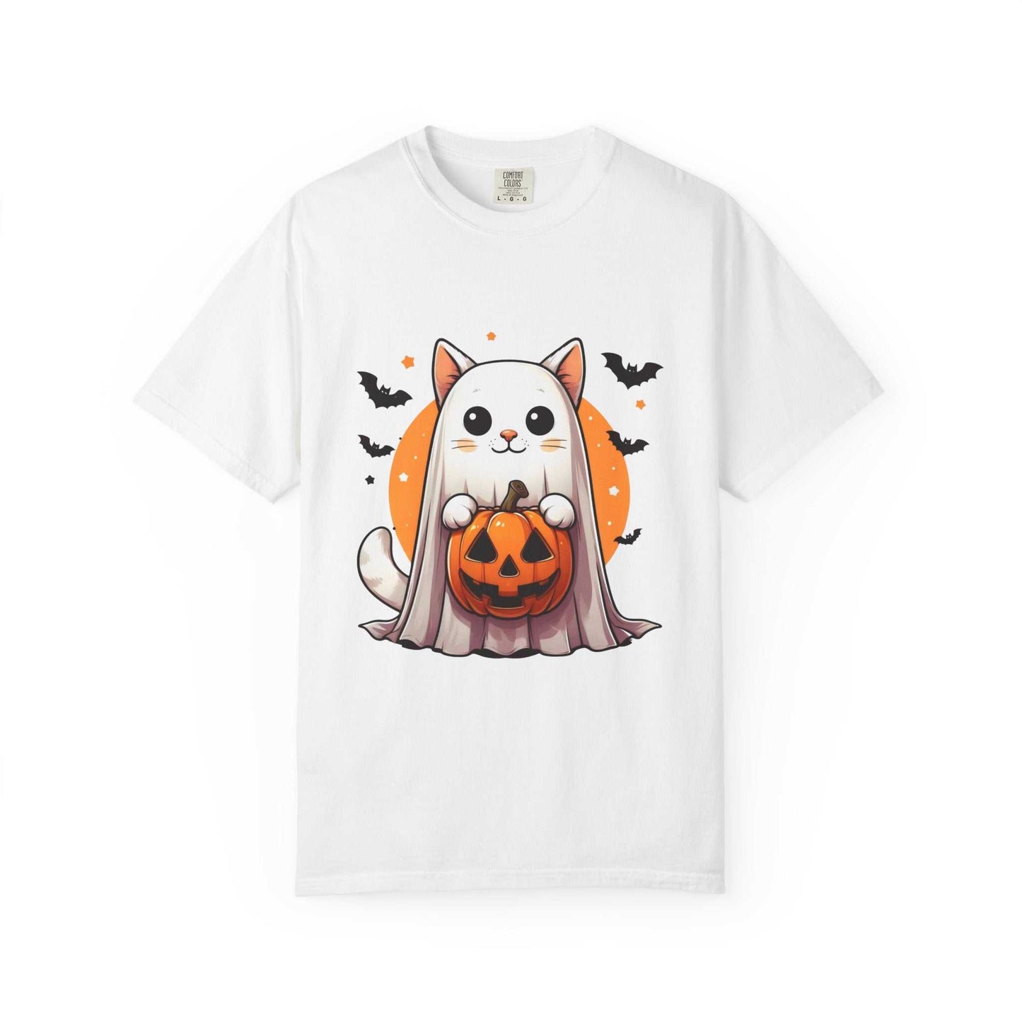 White t-shirt with a Halloween-themed design of a cat with a pumpkin and bats on a white background