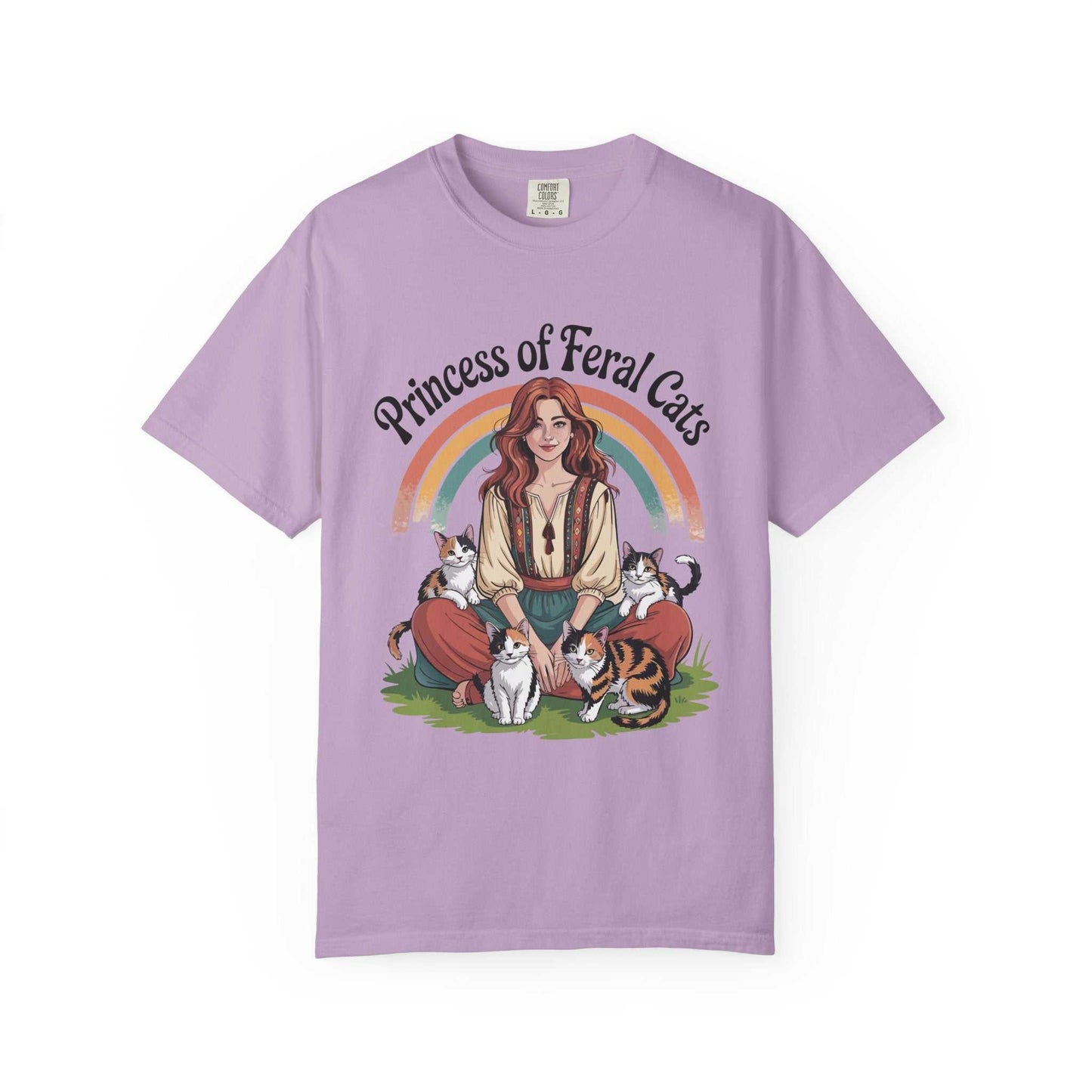 Lavender t-shirt with graphic of a woman surrounded by cats and a rainbow, labeled 'Princess of Feral Cats'.