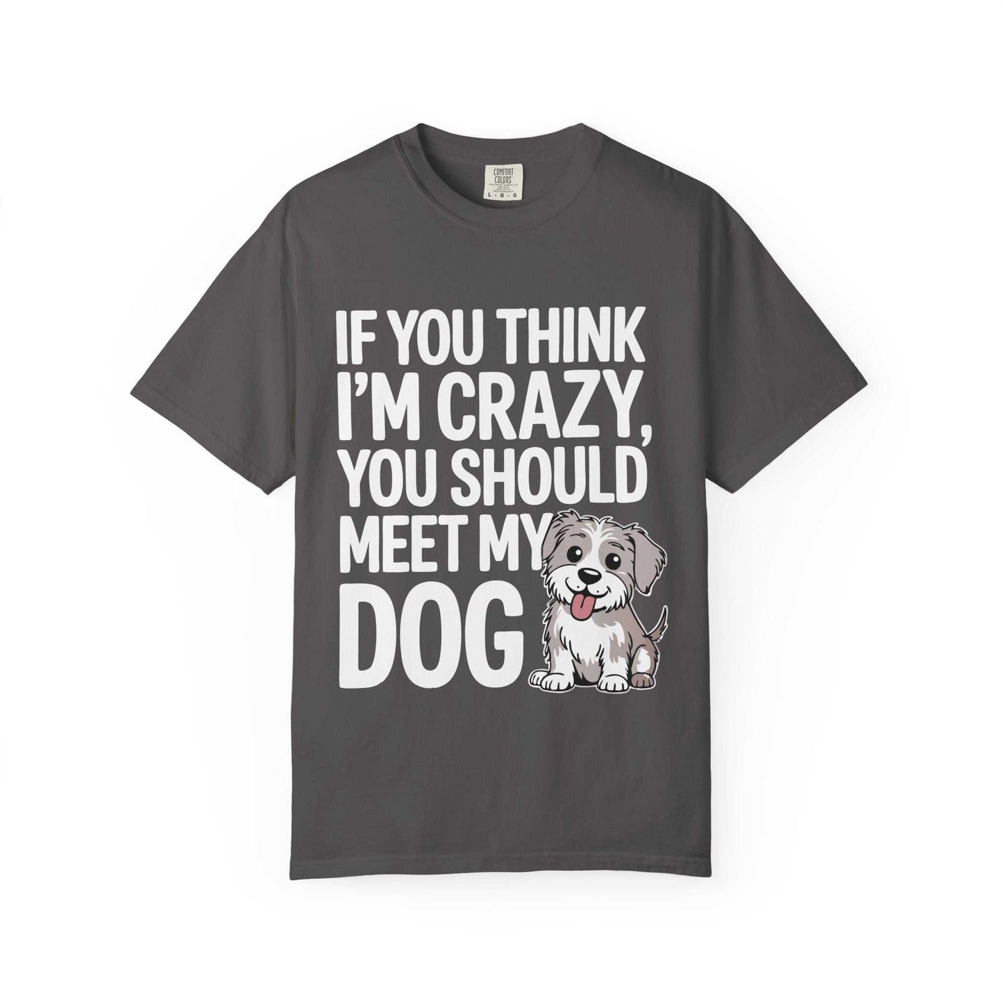 Gray t-shirt with a dog graphic and text on a white background