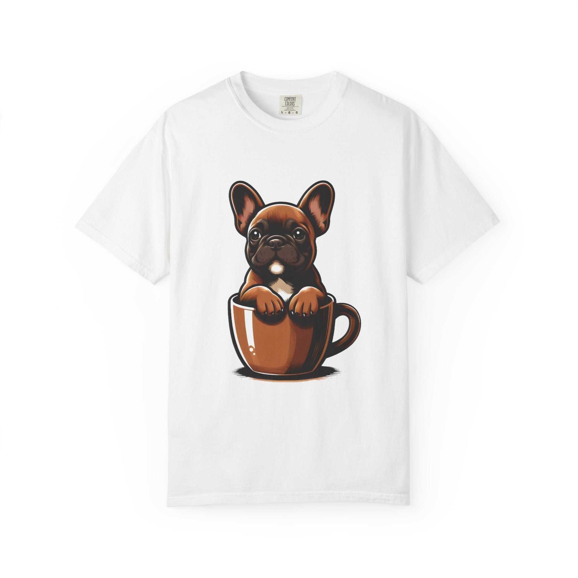 White t-shirt with a cartoon dog in a coffee cup design on a white background