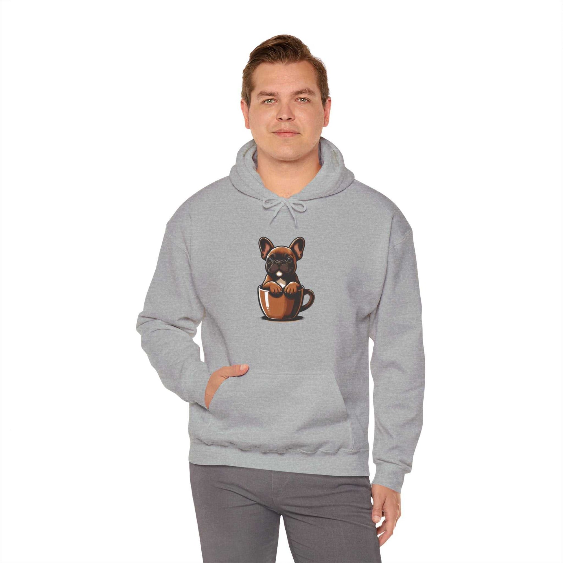 Person wearing a gray hoodie with a dog design on a white background