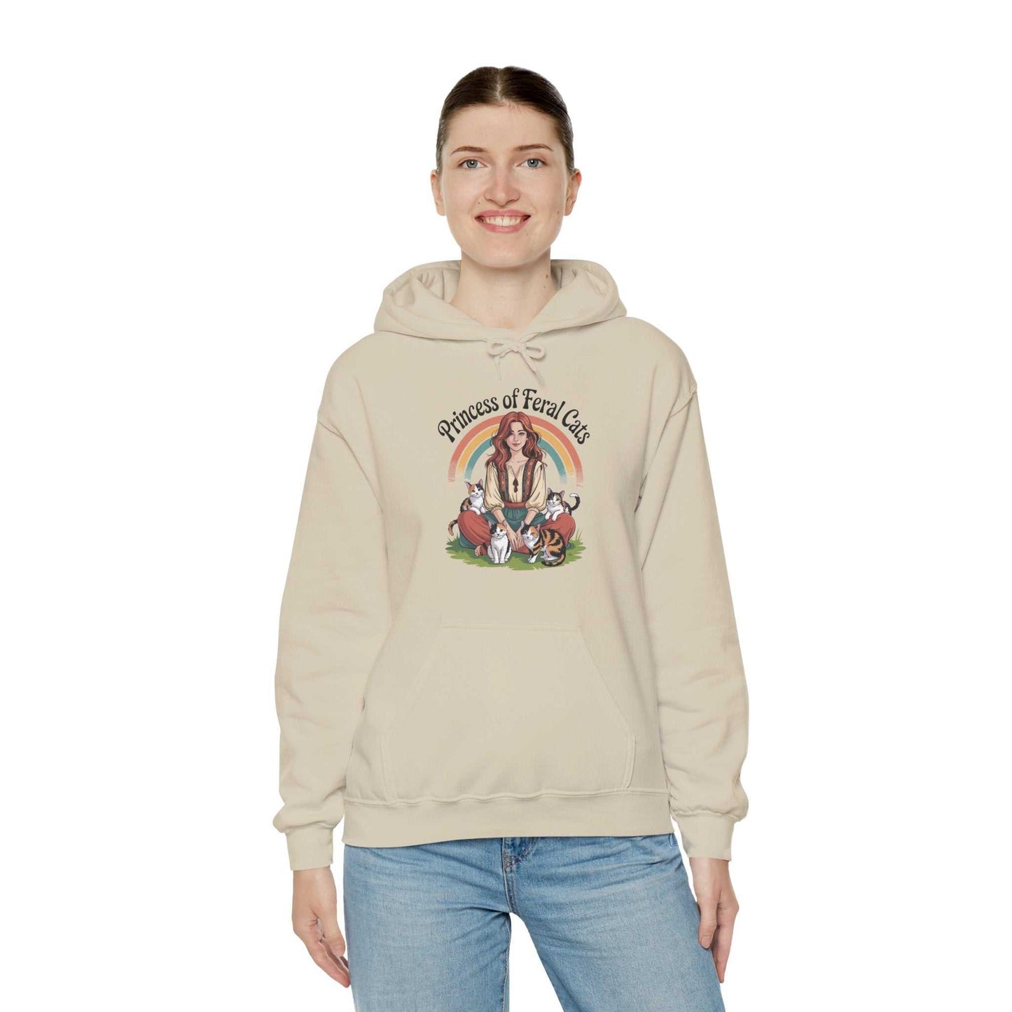 Person wearing a beige hoodie with a graphic design on a white background