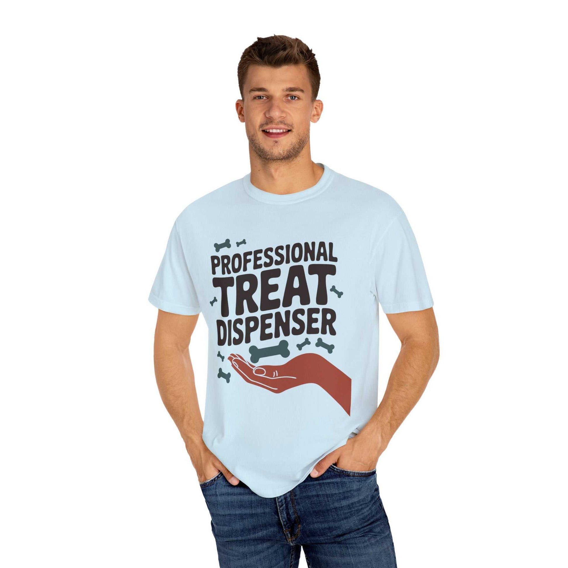 Man wearing a light blue t-shirt with 'Professional Treat Dispenser' text and graphics on a white background
