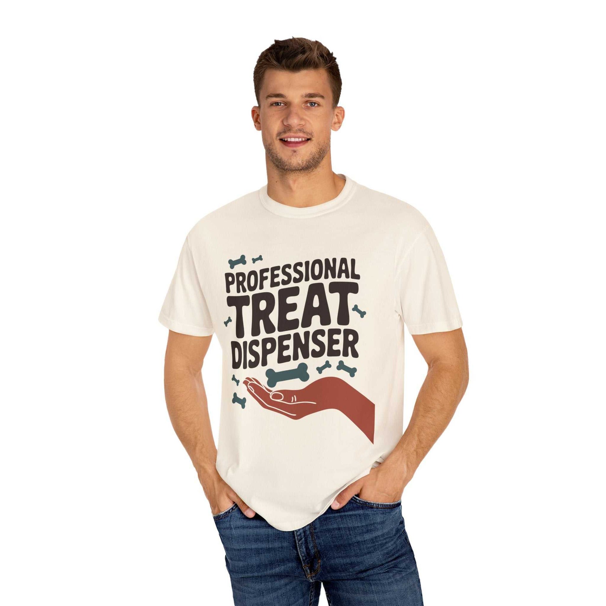 Man wearing a white t-shirt with 'Professional Treat Dispenser' text and graphics on a white background