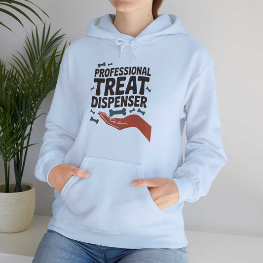 Light blue hoodie with 'Professional Treat Dispenser' text and graphic, worn by a person.